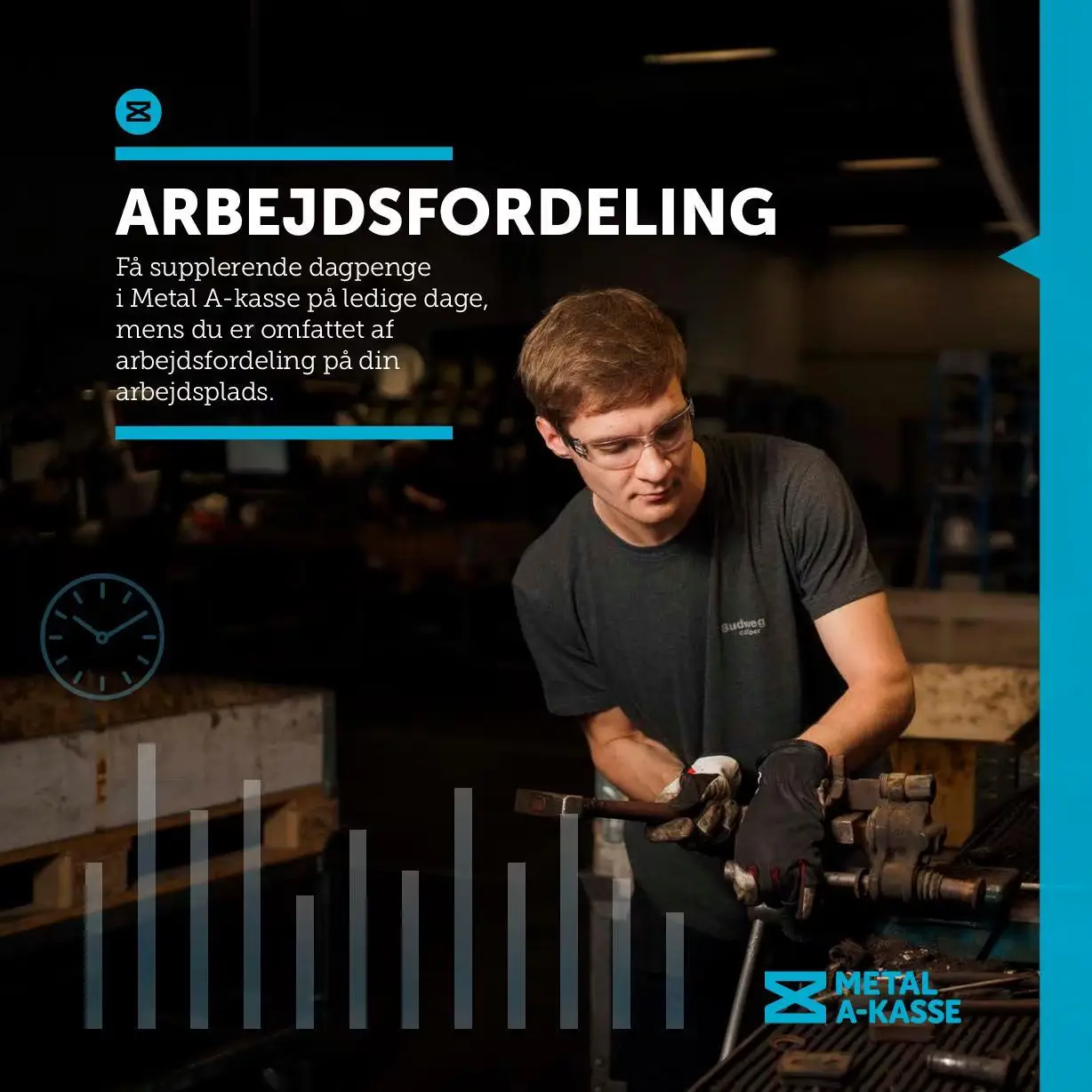 Pjecen forklarer, hvordan medlemmer af Metal A-kasse kan få supplerende dagpenge i perioder med arbejdsfordeling – altså når arbejdstiden midlertidigt nedsættes for at undgå afskedigelser.